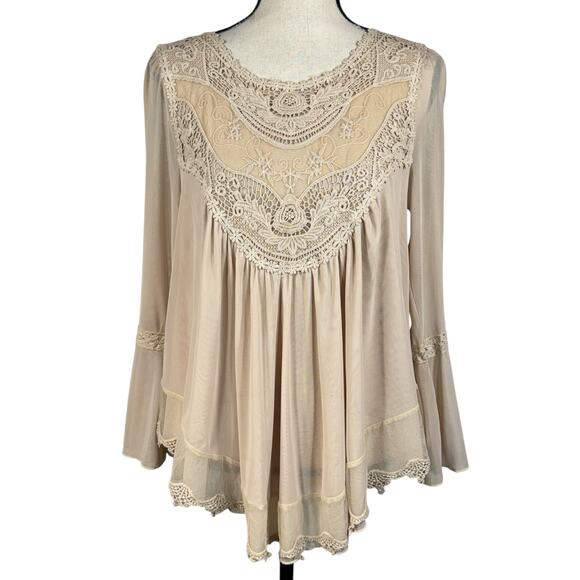 Ultra Pink Small Victorian Top Asymmetrical Crochet Lace Lined Long Bell Sleeves - Picture 1 of 11